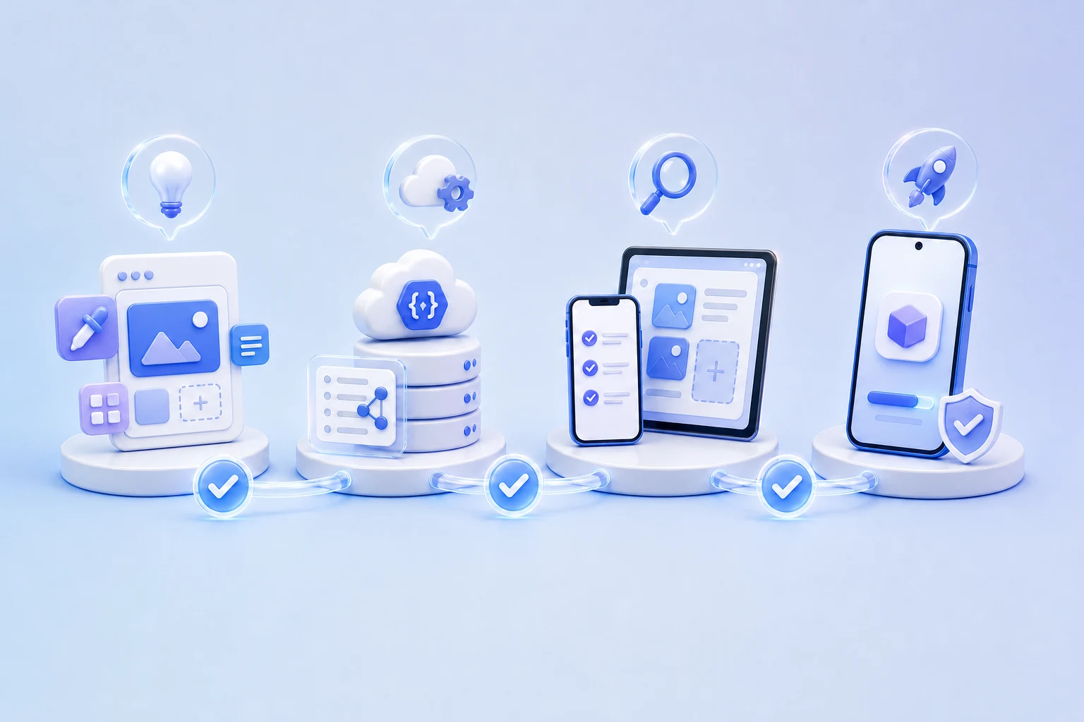 A four-stage Android app workflow covering visual design, backend integration, device testing, and a secure production build